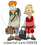 Clipart Illustration Of A Young White Couple Smiling And Standing With Their Luggage At An Airport