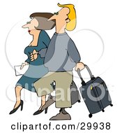 Poster, Art Print Of Brunette Woman And Blond Man Walking Together Through An Airport With Rolling Luggage