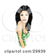 Clipart Illustration Of An Attractive Young Caucasian Woman With Blue Eyes And Black Hair Wearing A Green Tank Top And Looking At The Viewer