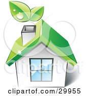 Poster, Art Print Of Pre-Made Logo Of A Green Home With Leaves Sprouting From The Chimney