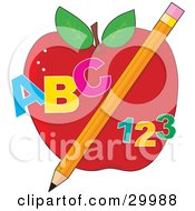 Poster, Art Print Of Educational Red Apple With A Yellow Pencil Abc And 123