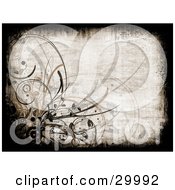 Clipart Illustration Of A Black Grunge Border Around A Textured Brown Background With Circles And Grasses