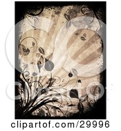 Clipart Illustration Of A Black Grunge Border With Leafy Plants Over A Background Of Rays Of Light