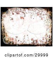 Poster, Art Print Of Black Grunge Border With Pink Circles And Flowers Over A Background Of Faded Plants