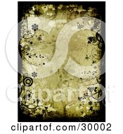 Clipart Illustration Of A Black Grunge Border Of Flowers Plants And Circles Over A Stained Brown Background