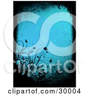 Poster, Art Print Of Black Grunge Border With Circles And Plants Over A Blue Background