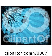 Clipart Illustration Of A Background Of Blue Rays Of Light Bordered By Black Grunge And Plants