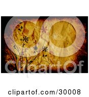 Poster, Art Print Of Wrinkled Orange Background Bordered With Brown And Black Grunge And Flowers