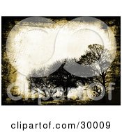 Clipart Illustration Of A Grunge Background Of Black Silhouetted Trees And A Border Over Off White