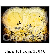Poster, Art Print Of Black Grunge Border With Butterflies And Plants Over A Yellow Background