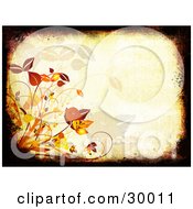 Poster, Art Print Of Black And Brown Grunge Border Around An Orange Background With Autumn Grasses And Leaves