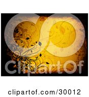 Clipart Illustration Of An Orange Background Of Plants Leaves And Circles Bordered In Black Grunge