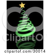 Poster, Art Print Of Green Spiral Christmas Tree Topped With A Golden Star On A Black Reflecting Surface