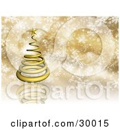 Poster, Art Print Of Gold 3d Spiral Christmas Tree On A Reflective Golden Background With Snowflakes