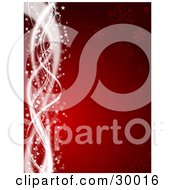 Clipart Illustration Of A Red Christmas Background With Faded Snowflakes And White Spiraling Waves Sparkles And Stars Along The Left Edge