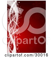 Red Christmas Background With Faded Snowflakes And White Spiraling Waves Sparkles And Stars Along The Left Edge