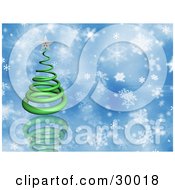 Clipart Illustration Of A Green 3d Spiral Christmas Tree Topped With A Silver Star Over A Reflective Blue Snowflake Background