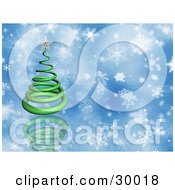 Poster, Art Print Of Green 3d Spiral Christmas Tree Topped With A Silver Star Over A Reflective Blue Snowflake Background