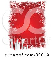 Poster, Art Print Of Two White Gifts With Red Ribbons Over A Red Background Bordered With White Snowflakes And Grasses