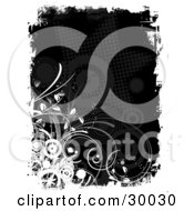 Clipart Illustration Of Grasses And White Circles Over A Black Background With A White Grunge Border