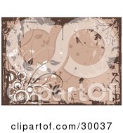 Clipart Illustration Of A Dark Brown Grunge Border Over A Brown Background With White And Brown Plants And Circles