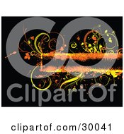 Clipart Illustration Of A Black Orange And Yellow Text Box Bordered With Grunge Grasses And Plants On A Black Background