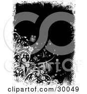 Clipart Illustration Of A Black Background Framed In White Grunge Grasses And Flowers