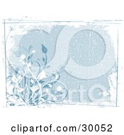 Clipart Illustration Of White And Blue Plants Over A Scratched Blue Grunge Background Bordered By White