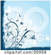 Clipart Illustration Of A Blue And White Flowering Plants In The Corner Of A Blue Background With Light Rays Bordered By Blue Grunge
