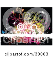 Poster, Art Print Of Colorful Background Of Butterflies Grasses And Circles Over A White Grunge Bar On A Black Background