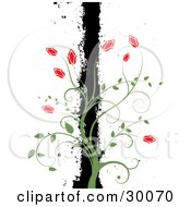 Poster, Art Print Of Green Vine With Red Flowers Climbing A Black Grunge Bar Over White