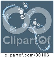 Poster, Art Print Of Blue Vine With White Flowers And Sparkles On A Dark Blue Background