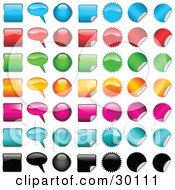 Clipart Illustration Of A Set Of 49 Shiny Blue Red Green Yellow Pink Light Blue And Black Square Word Balloon Oval Peeling Square Spiked Circle And Peeling Circle Icons
