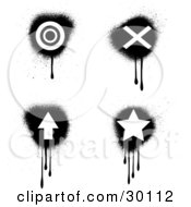 Set Of Four Black And White Target X Arrow And Star Icons With Dripping Grunge