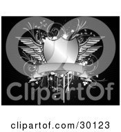 Clipart Illustration Of A Shiny Silver Shield With Wings And A Blank Banner Over A Grunge Background Of Vines And Splatters On Black With Rays Of Light