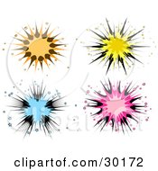 Clipart Illustration Of A Set Of Four Orange Yellow Blue And Pink Sparkling Bursts