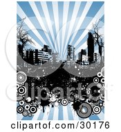 Poster, Art Print Of Black And White Urban Skyline With Bare Trees Grunge And Circles Over A Background Of Rays Of Blue Light