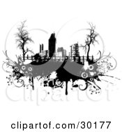 Clipart Illustration Of A Pasture And Fence With Bare Trees Against A Black And White City Skyline On Black Grunge With Circles And Splatters