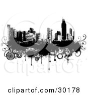 Poster, Art Print Of Black And White City Skyline On Grunge With Drips And Circles