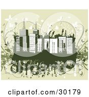 Clipart Illustration Of A City Skyline On Green Grunge With Circles Vines And Flowers
