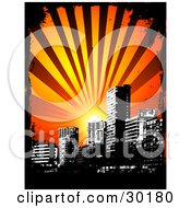 Poster, Art Print Of Sun Shining Over A Black And White City Skyline Bordered By Black Grunge
