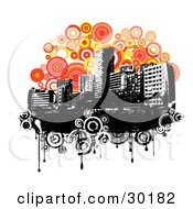 Poster, Art Print Of Black And White Urban Skyline Over Grunge Circles On A Background Of Orange And Yellow Circles