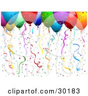 Clipart Illustration Of Colorful Helium Filled Balloons With Confetti And Streamers At A Party by KJ Pargeter #COLLC30183-0055