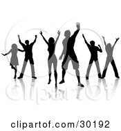 Clipart Illustration Of A Group Of Silhouetted Guys And Gals Holding Their Arms In The Air And Dancing