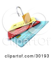 Clipart Illustration Of Keys Resting Beside An Open Padlock On Top Of Yellow Red And Blue Credit Cards