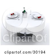 Poster, Art Print Of Red Rosess On Dinner Plates With Silverware And Champagne On Ice On A Table In A Fine Restaurant