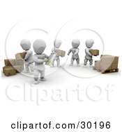 Poster, Art Print Of Supervisor Taking Notes On A Team Of White Characters Stacking Boxes From One Pile To A Pallet
