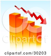 Poster, Art Print Of Arrow Curving Downwards With An Orange Bar Graph Depicting Loss And Debt