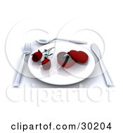 Clipart Illustration Of A Place Setting Of A Ring In A Heart Box With Two Red Roses On A Plate With A Fork Knife And Spoon On A Table by KJ Pargeter