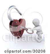 White Character Unlocking A Heart Shaped Padlock With A Key by KJ Pargeter